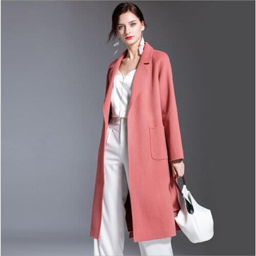 Winter Women Woolen Coat v-neck Collar Double Breasted Long Wool Coat Double-Sided Cashmere jacket Office Lady Warm Jackets pink