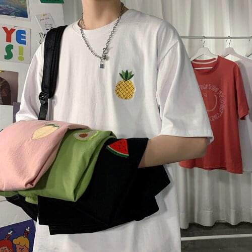 2021 Summer Mens Pure Cotton Fruit Embroidery Tshirts Neutral Short Sleeve T-shirt Loose Top Clothes T Shirts Big Size M-5XL