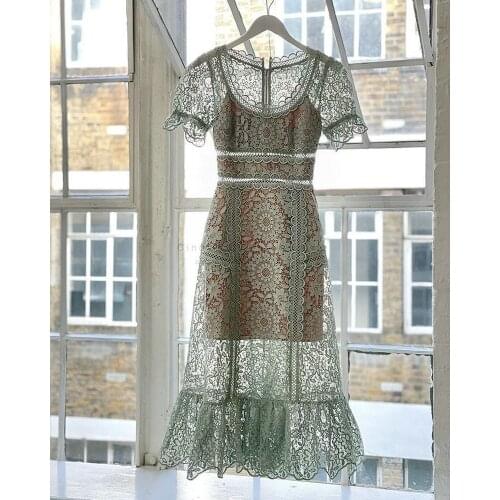 2021 Spring New Arrive Women Long Lace Dress O-neck Short Sleeve Floral Party Dress