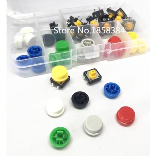8Types=53PCS Tactile Push Button Switch Momentary 12*12*7.3MM Micro switch button + 25PCS Tact Cap(5 colors) for Arduino