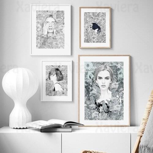 Abstract Girl Hair Flower Plant Poster Home Decoration Bedroom Wall Art Black White Canvas Painting Nordic Modern Retro Pictures