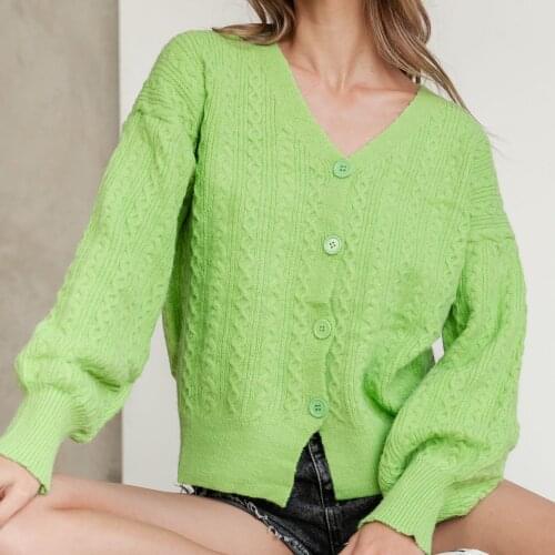 Bornsra 2021 Autumn Winter New Solid Color Twist Single-breasted Long-sleeved Knitted Sweater Cardigan Small Green Jacket Women