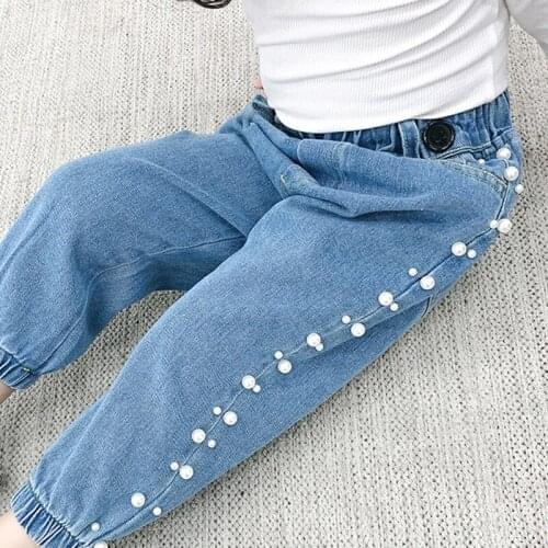 Keelorn Kids Pearls Jeans 2021 New Fashion Fall Autumn Childrens Sweet Denim Pants Girls Baby Casual Solid Color Trousers 1-6Y