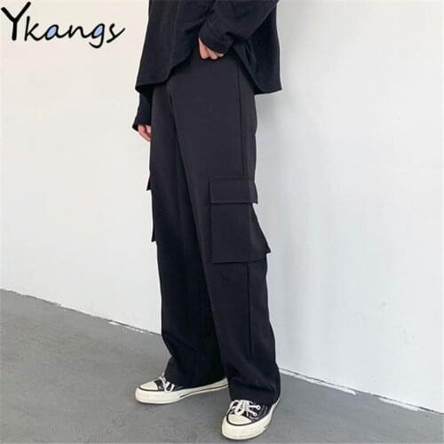 Elastic High Waist Wide Leg Pants Women Black Pockets Loose Pants Street Baggy Pants Women Sweatpants Casual Stylish Trousers