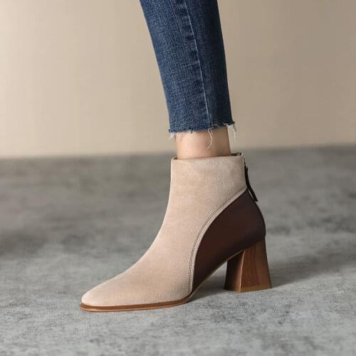 Elegant Women Ankle Boots Beige Block High Heels Sock Boots Square Toe Chunky Heels Zipper Boots Lady Autumn Winter Party Shoes