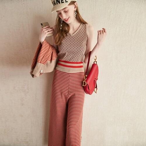 Elegant Plaid Knit Set Women Knitted Cardigan Tops And Vest + High Waist Wide Leg Pants Three-piece Suit Womens 2020 Autumn New