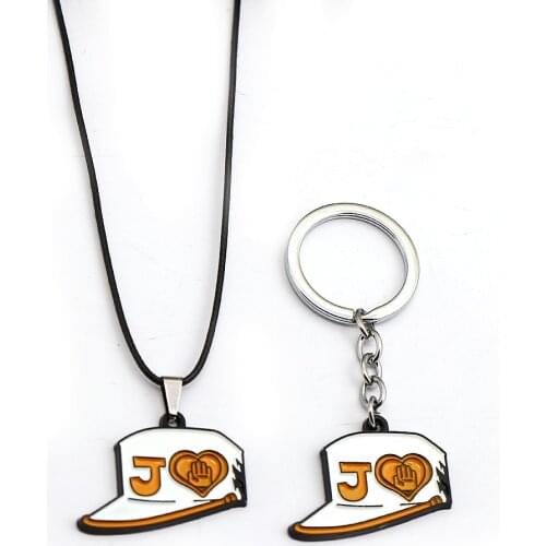 JOJOS BIZARRE ADVENTURE Keychain Necklaces Metal Kujou Jotarou Student Hat DIO Caps Keyring Rope Chain Pendant Anime Jewelry
