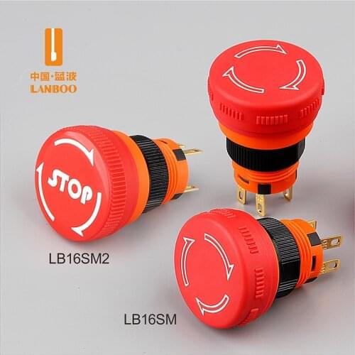 LANBOO NEW product 16mm mushroom stop button plastic material 6Amp 1NO1NC Emergency stop switch red head