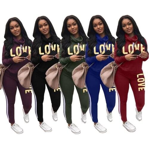 Fashion Love print women 2 pieces set for spring autumn tracksuit Long Sleeve hooded Sweatshirts Running Set Gym Sportswear