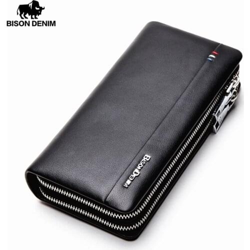 Bison Denim Large Capacity Genuine Leather Wallet Men Coin Pocket Long Wallet Double Zipper Business Clutch Bag Cowskin Purse