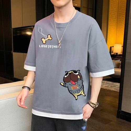 2021 Summer New Fake Two-Piece Cartoon Dog Print O-Neck T-Shirt Short-Sleeved Mens Fake Two-Style Base Shirt Fashion Loose