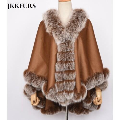 New Womens Luxury Real Fur Poncho Genuine Fox Fur Collar Trim & Wool Cashmere Cape Fashion Style Winter Warm Fluffy Fur S7446