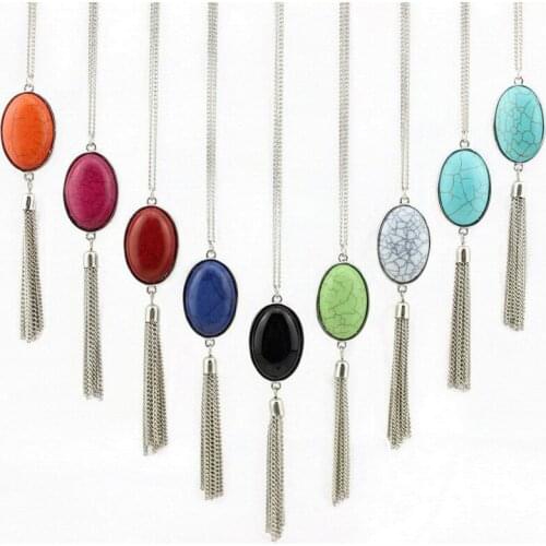 Boho Gold Alloy Chain Tassel Fringe Necklace 2020 Summer Style Oval Natural Stone Necklace for Women Fashion Jewelry Wholesale