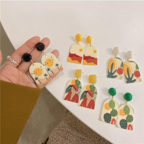 LOVOACC Multiple Colorful Cartoon Arcylic Earrings for Women Cute Flower Portrait Geometric Drop Earrings Korean Jewelry Gifts