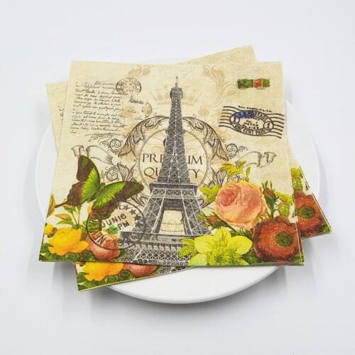 20 vintage table napkins paper tissue printed red green yellow flowers butterfly tower decoupage wedding party decor serviettes