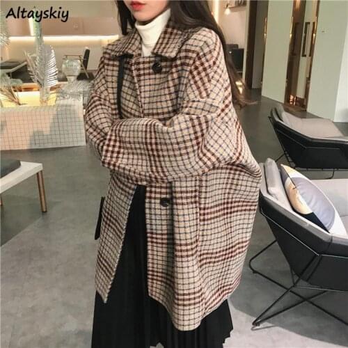 Wool Blends Women Above Knee with Buttons Pockets Casual Woolen Womens Plaid Vintage Students Korean Style Trendy Outwear Modern