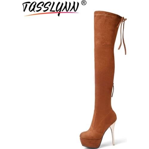 TASSLYNN 2020 Women Boots Super High Heel Long Boots Solid Over The Knee Boots Stretch Fabric Lace Up Winter Women Shoes Autumn