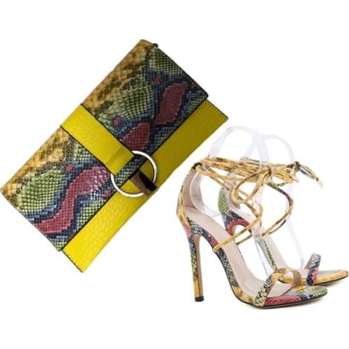 Latest Sales Yellow Snake High Heel Shoes With Matching Bag Set Fashion Sandals Lace Up Shoes 11cm And PU Purse Bag 35-42