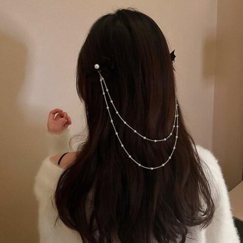 Korean Temperament Pearl Girl Side Clip Tassel Chain Hairpin Bow Super Fairy Spring Clip Net Hairpin Red Hair Accessories