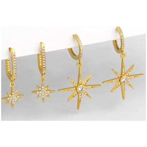 Eight-pointed star multicolor Brass micro pave cz zircon cubic zirconia drop Hoop Earrings copper gold plated crystal studs d3