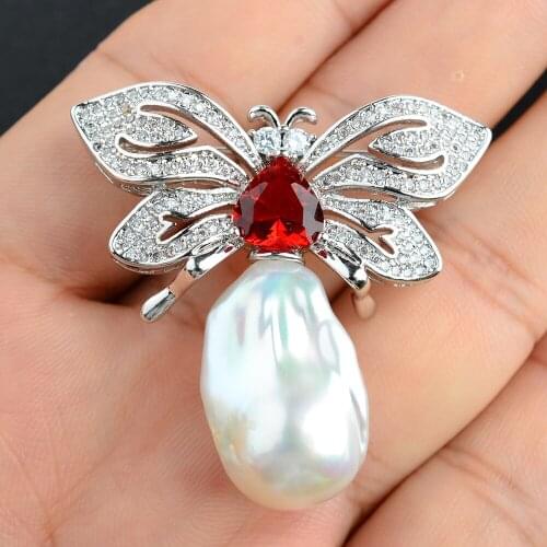 2 pcs Womens Butterfly White Keshi Pearl Brooch