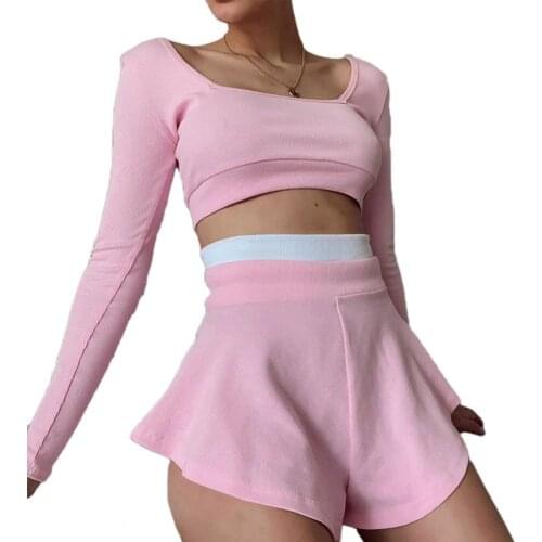 Women Outfit Summer Stylish Color Block Slim Casual Long Sleeve Top Culottes Shorts Ladies Sports Sets спортивный костюм женск