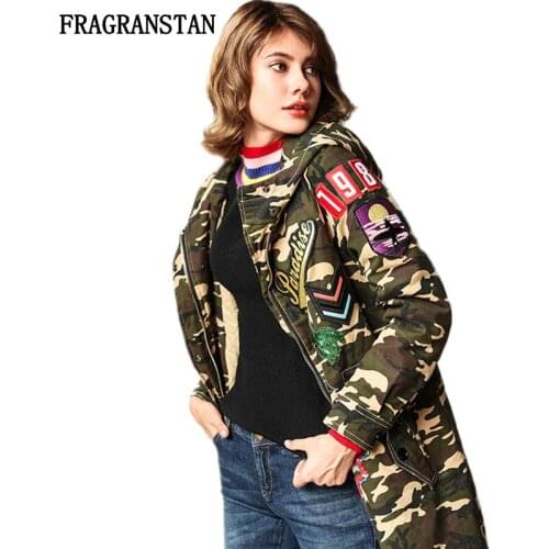 Lady 2018 Winter Thick Keep Warm Hooded Parkas Fashion Embroidery Patch Designs Coat Casual Loose Camouflage Padded Jacket JQ452