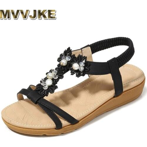 MVVJKE bead chain sandals summer Rome bohemian sandals women flat open toe casual shoes flower beads elastic band hot sandals