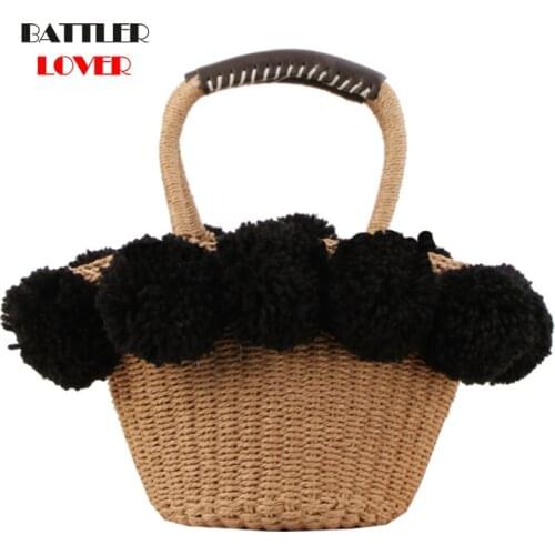 Women Summer Beach Handbags 2021 Hairballs Design Vacation Bucket Totes For Female New Brand Purses Ladies Vacation Travel Bags