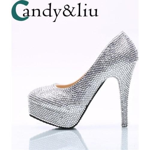 Large Size Silver Crystal Wedding Shoes Super High Heels Round Toe Women Pumps Party Banquet Nightclub Evening Dress Performance