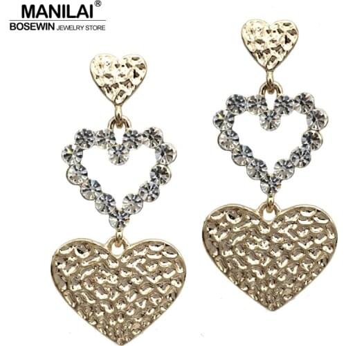 MANILAI Trendy 3 Layered Heart Drop Dangle Earrings With Rhinestones Women Fashion Jewelry Earrings For Wedding Wear Pendientes
