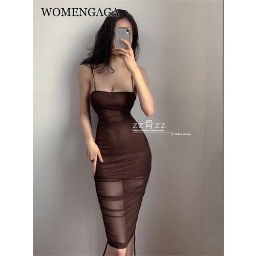 WOMENGAGA Summer 2021 New Temperament Mesh Halter Sexy Backless Drawstring Mini Party Dress Women Dresses Vintage EH0D