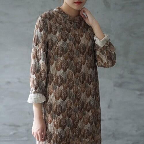 SCUWLINEN 2019 Women Autumn Vintage Print Cotton Dress Long Improved Cheongsam P142