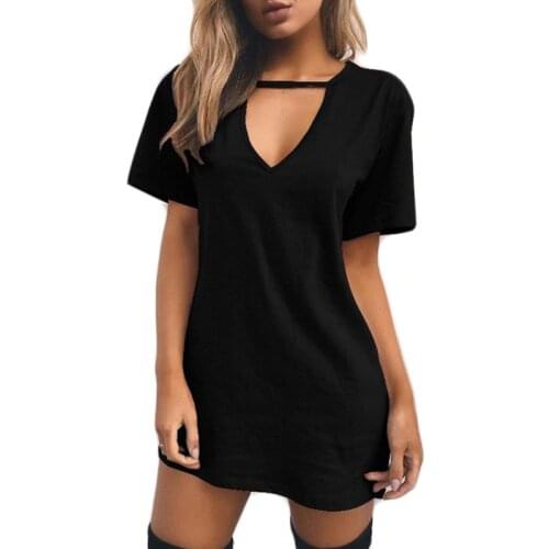 Womens Short Sleeve Sexy Triangle Hollow Halter T-Shirt Dress Solid Color Deep V-Neck Mini Long Tunic Tops Loose Pullover