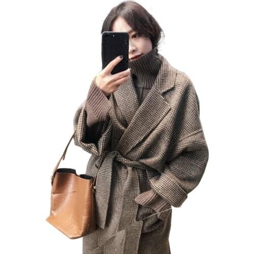 Women Wool Coat Plaid Women Jacket Loose Long Breasted Woolen Coat Winter Coat Woolen Overcoat