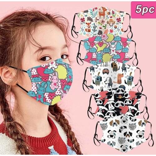 5 Pcs Cotton Ski Fasemask Reusable Kid Cartoon Print Washable Ski Fase Maksk For Germ Protection For Kids Breathable Bandana