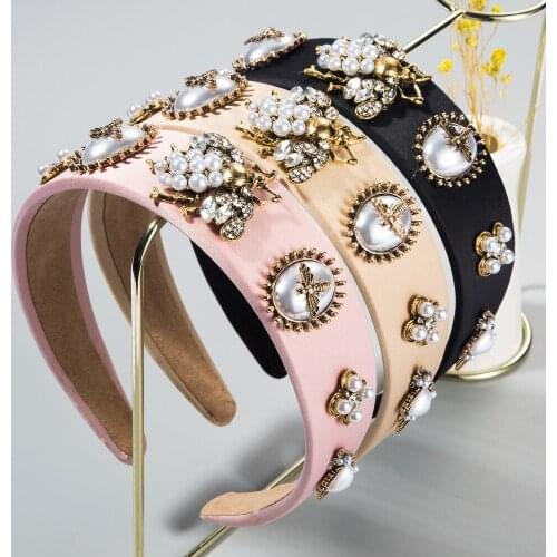 Baroque Rhinestone Pearl Bee Model Women Headband Pearl Flower Luxurious Hairband Retro Hair Accessories