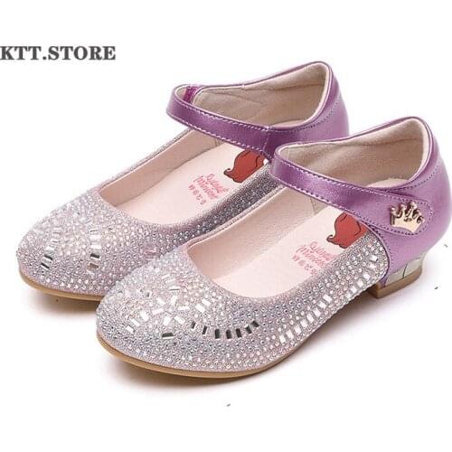 KTT Princess Girls Glitter Dance Shoes Autumn Childrens Leather Shoes with Heeled Teenager Girls Crystal Party Shoes Size 26-37