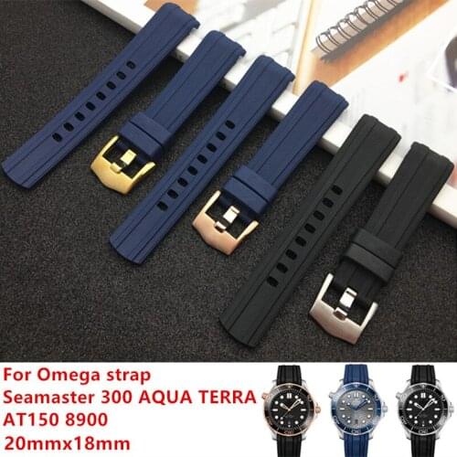 Black Blue 20mm Watchband Curved End Silicone Rubber Watch band for Omega strap Seamaster 300 AQUA TERRA AT150 8900 Tools logo