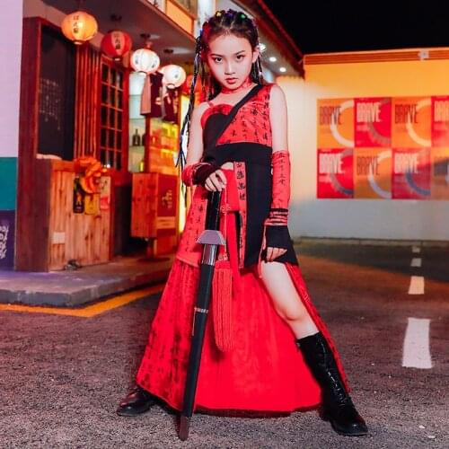 Kids Jazz Dance Costumes Chinese Style Girls Catwalk Show Tide Performance Clothes Child Street Dance Hip Hop Red Suit DQL3919