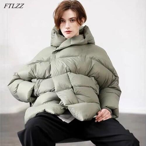 FTLZZ Winter Hooded Light Feather Jacket Women 90% Duck Down Coat Loose Windproof Sleeve Overcoat Puffer Snow Warm Thick Outwear