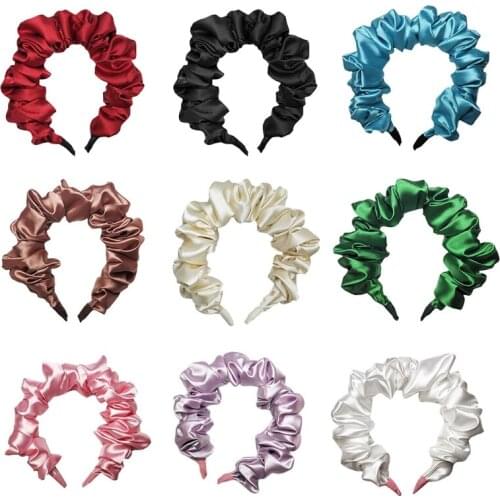 H58E Wavy Ruched Pleated Headband Pure Color Bubble Vintage Hairband for Party Prom
