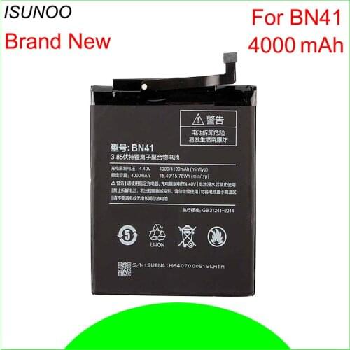 ISUNOO 5pcs/lot BN41 Battery 4000 mAh Battery Replacement for Xiaomi Redmi Note 4 Battery