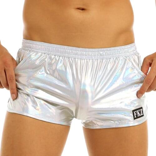 Shiny Metallic Low Waist Boxer Shorts Casual Sport Nightclub Festival Rave Party Stage Performance Costume Men Pole Dance Shorts