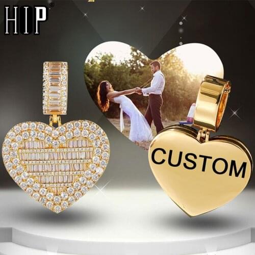Hip Hop Heart Custom Photo Memory Baguette Iced Bling AAA Cubic Zircon Personalized Necklace & Pendant For Men Jewelry SolidBack