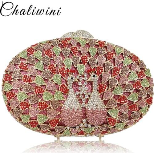 Pair Peacock Colorful Diamond Round Women Evening Bags Totes With Chains Shoulder Stuffed Animal Wedding Favour Bag Party Wallet