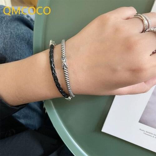 QMCOCO 925 Silver Vintage Do Old Cross Twist Woven Opening Adjustable Thai Silver Bracelet For Men And Women Fashion Party Gifts