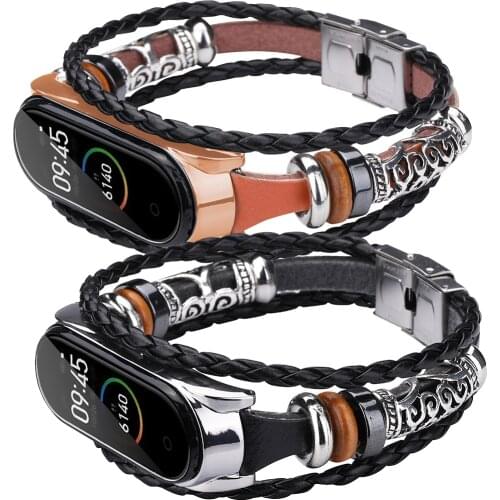 Leather Weave Wrist Strap For Mi Band 5 4 3 Smart Bracelet Replacement Metal Frame Watchband For Xiaomi Miband 4 5 Correa Bands