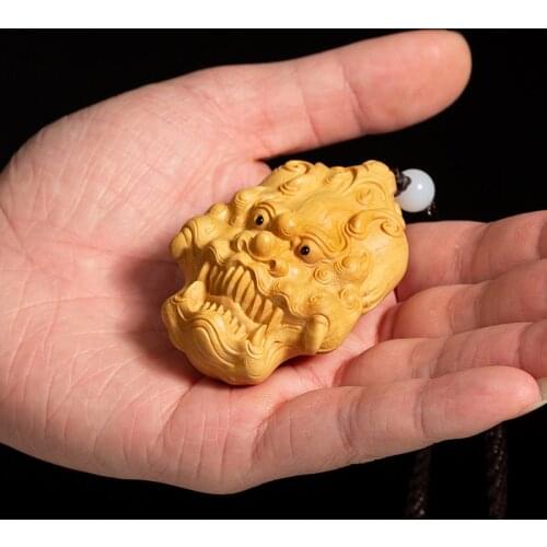 Boxwood 7CM God Mask Pendant Wealth Wood Carving Feng Shui Wood Buddha Statue Chinese Sculpture Home Decor