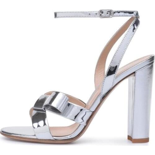 Sliver Patent Leather Block High Heels Sandals Butterfly Knot Decor Buckle Strap Party Wedding Shoes Factory Price Summer Shoes
